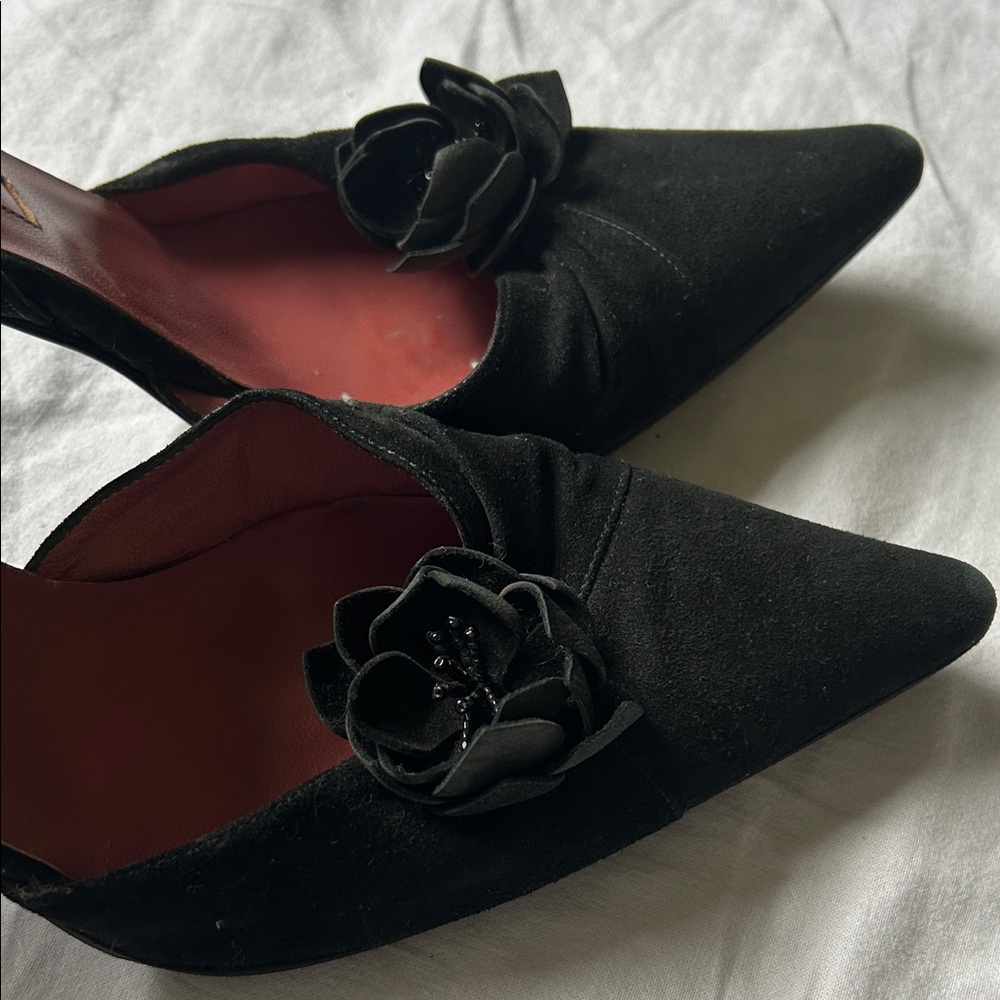 SERGIO ROSSI Black 100% Suede Flowered Ankle Strap 4" Stiletto Heels Sz EU 39 - Picture 5 of 16